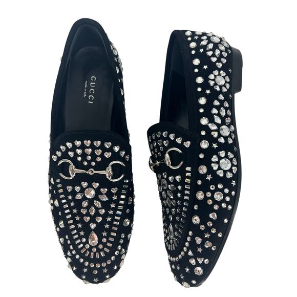 Gucci Jordaan Black Suede Loafers With Crystal Appliqué - Picture 1 of 16